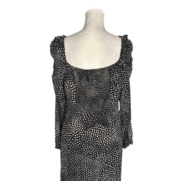 Black & White Polka Dot Long Sleeve Midi Peasant Dress Square Neck Ruched Size L - Picture 3 of 14